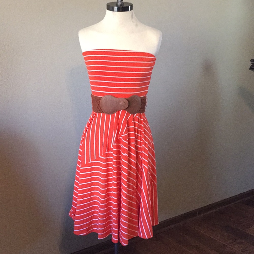 Orange and White Strapless Dress with Belt!
